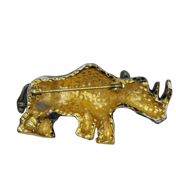 Vintage Rhino Brooch Pin Gold Tone Enamel Grey Red Rhinoceros With Gift Box - Picture 6 of 6